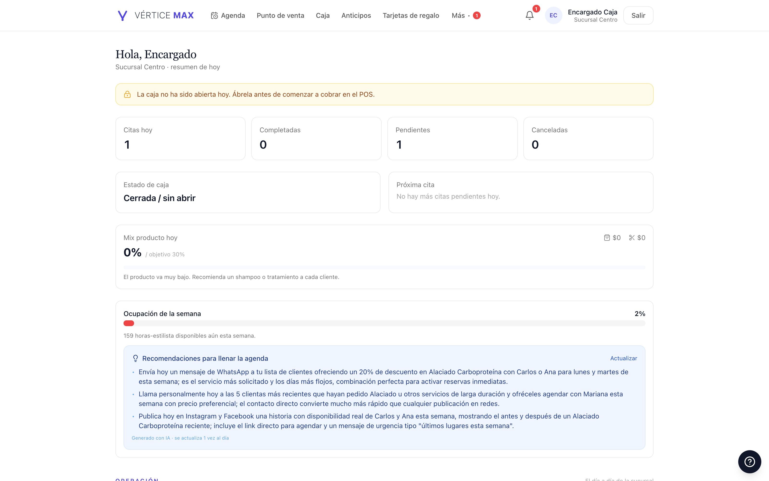 Tablero del encargado con recomendaciones de IA para llenar la agenda